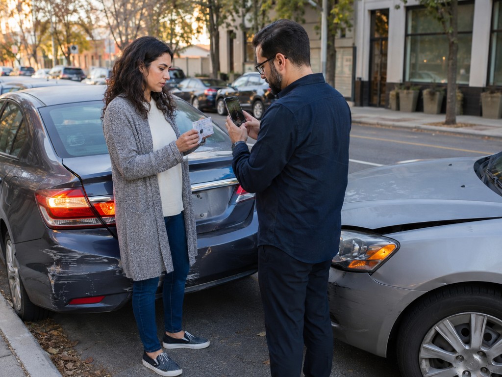 Two drivers exchanging information after a minor car accident