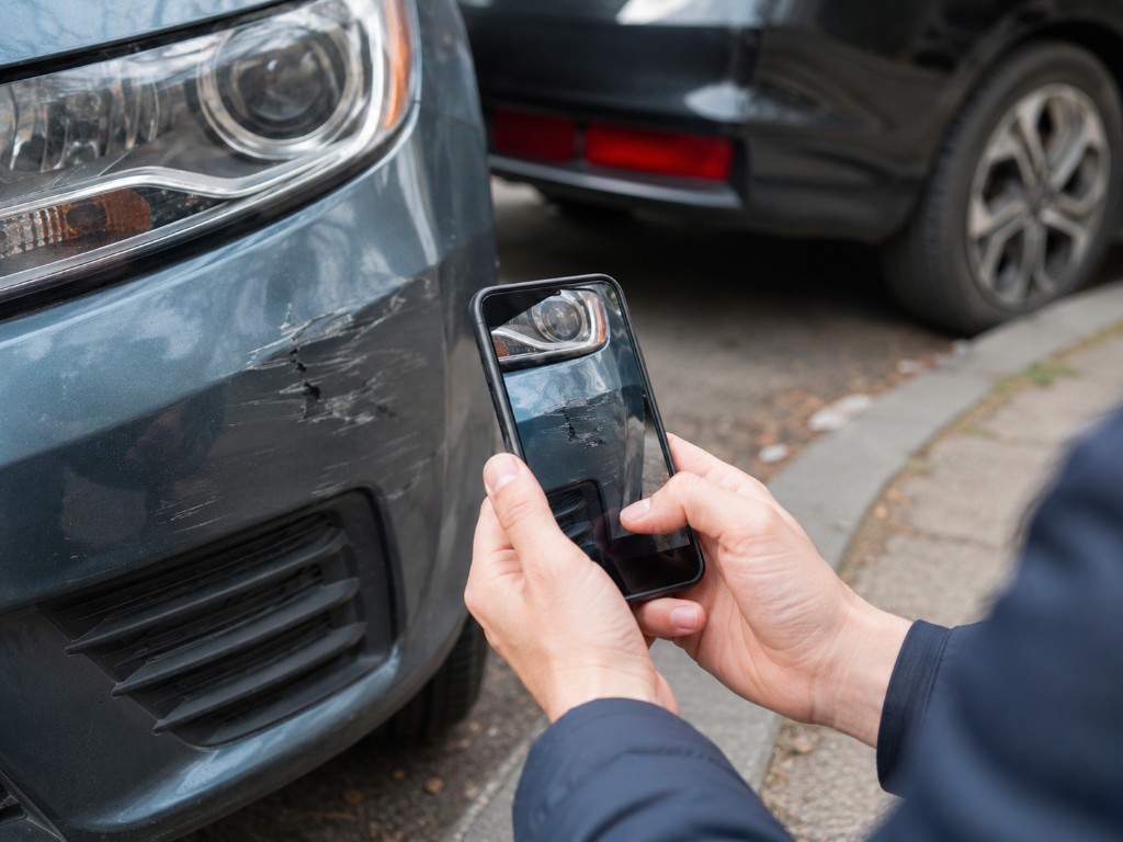 Person documenting vehicle damage with a smartphone
