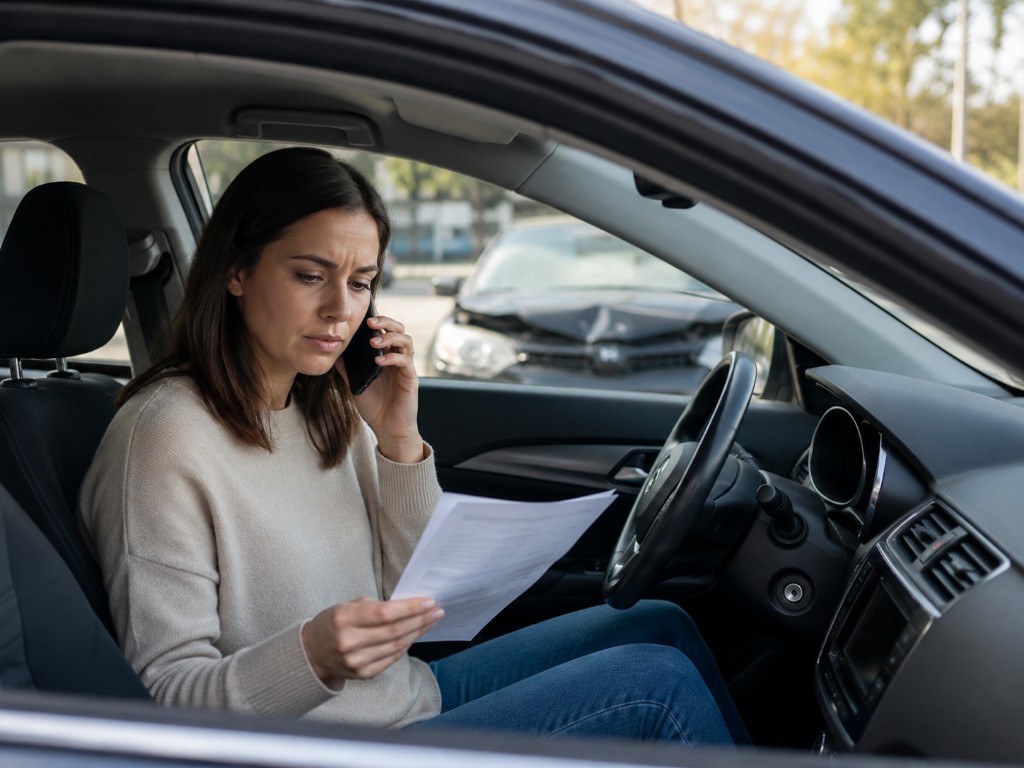 Driver reviewing paperwork after an accident