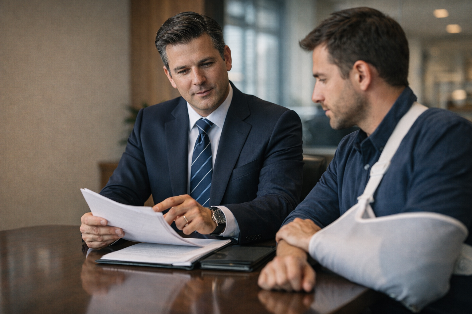 Attorney reviewing paperwork with injured client — consultation