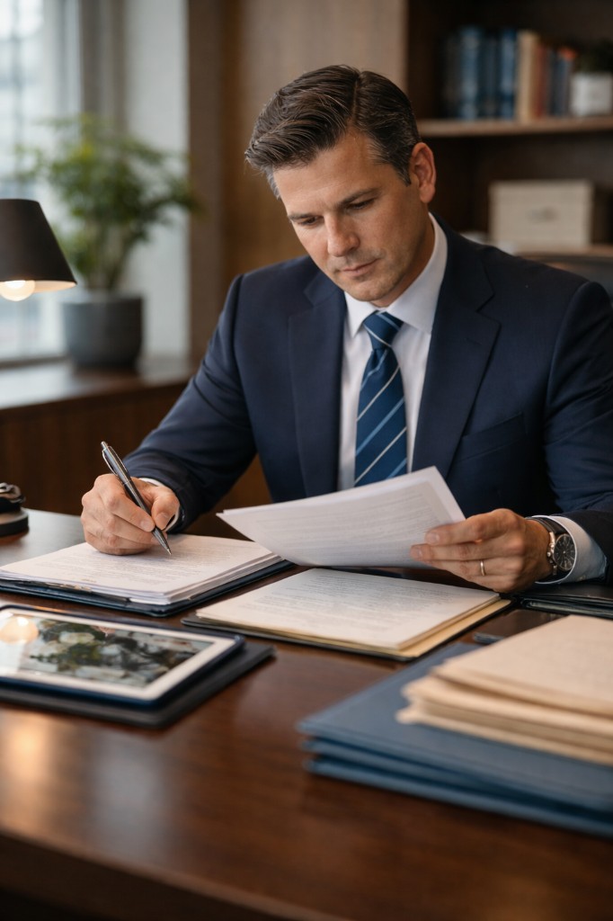 Attorney reviewing case file and fee agreement