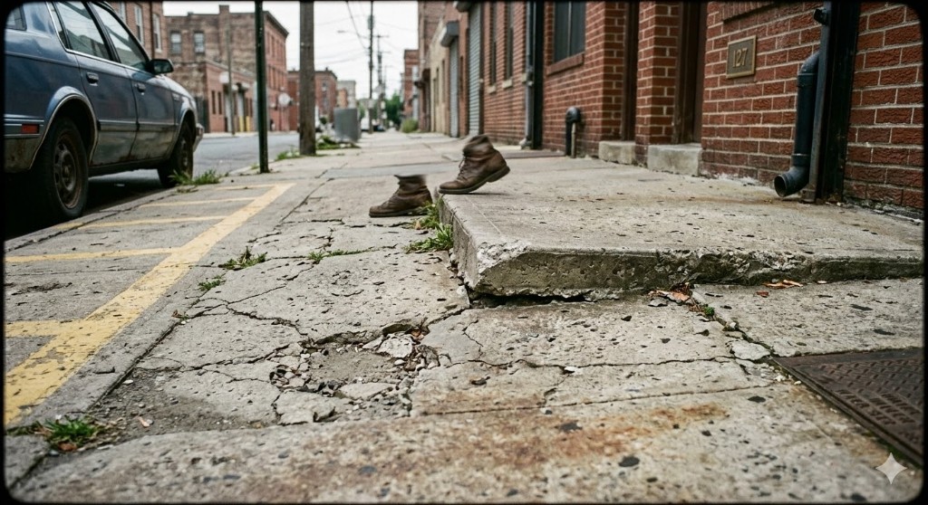 Uneven, broken sidewalk trip hazard