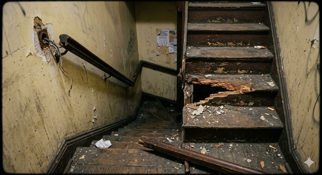Broken stair tread and damaged handrail