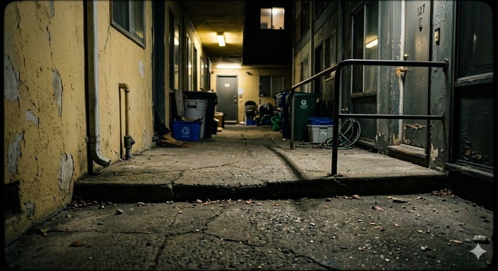 Dim, unsafe walkway between buildings