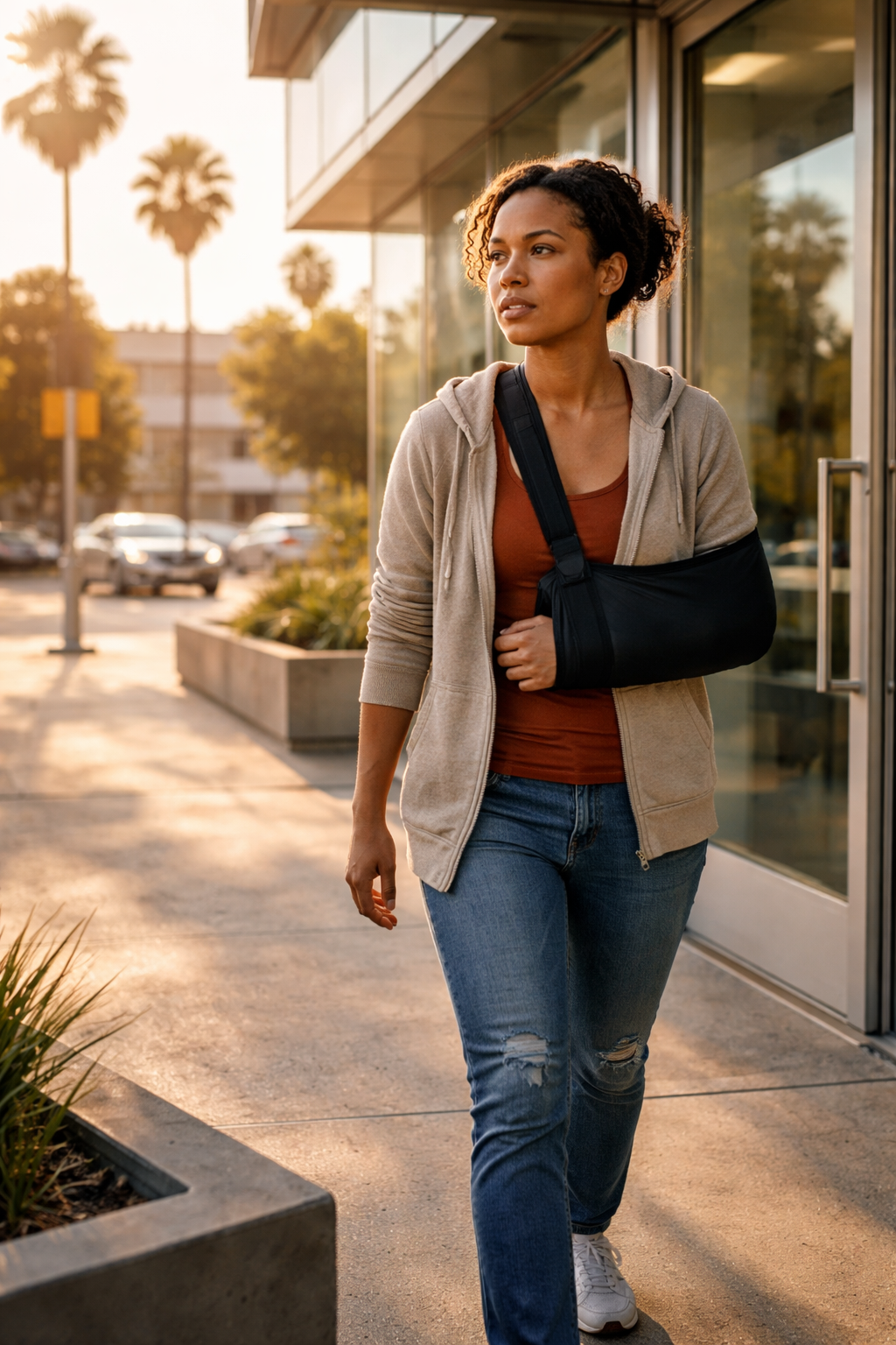 Person in recovery walking with arm sling, Southern California