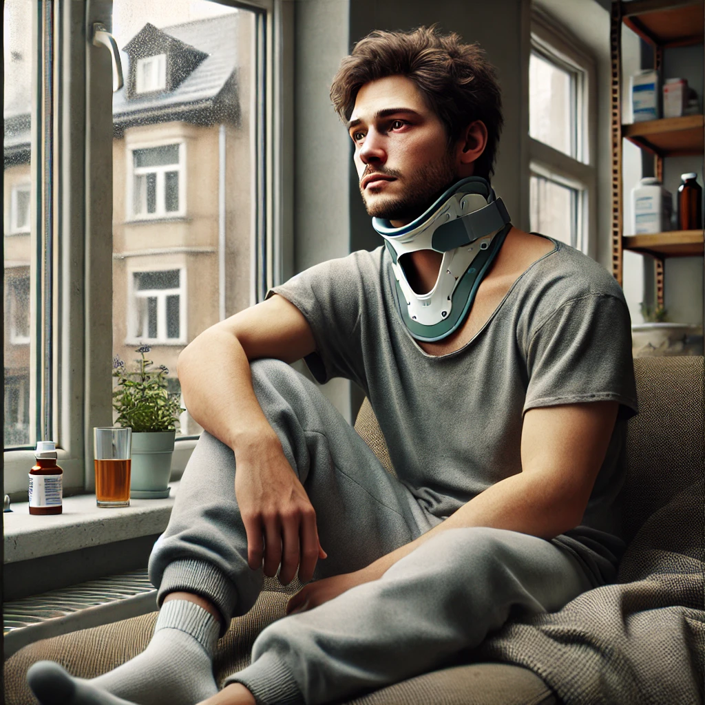 Man recovering at home in a medical neck brace, worried—serious injury and mounting costs