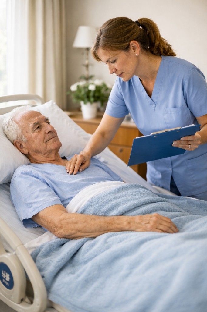 Nurse at bedside — rehabilitation and care