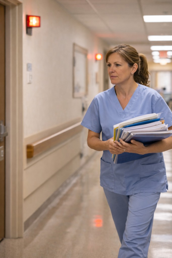 Nurse with folders — state inspection and documentation