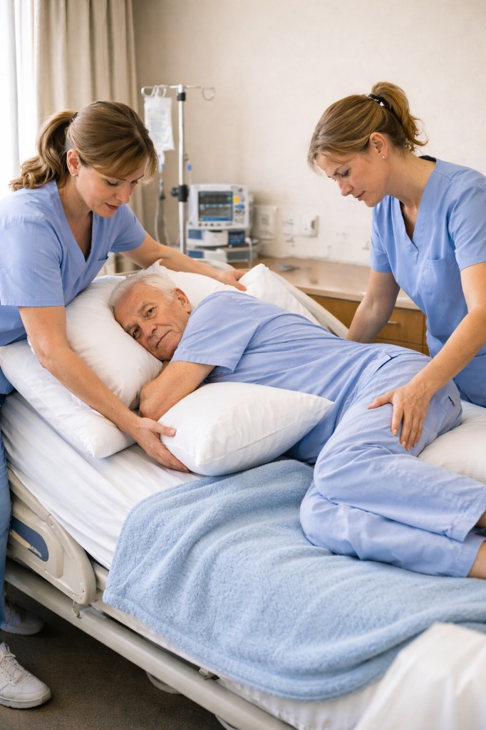 Nurses repositioning patient — medical care and repositioning