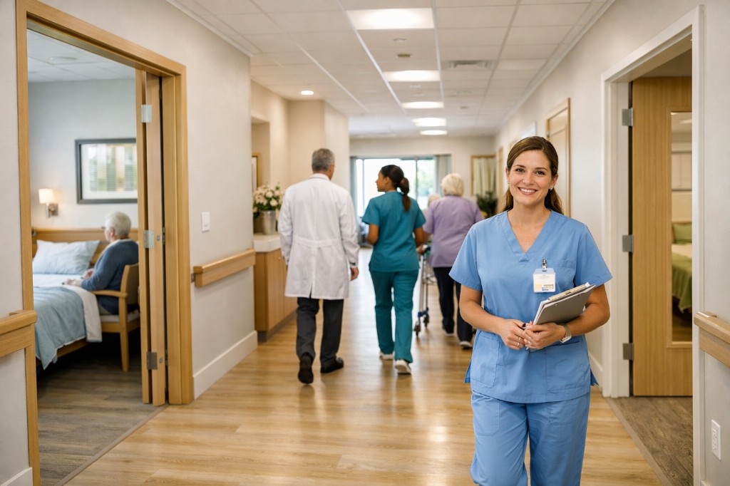 Nurse in facility hallway — staffing and care