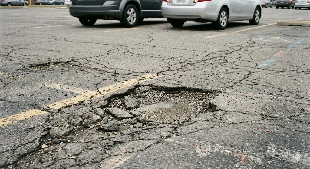 Cracked pavement and pothole in parking lot