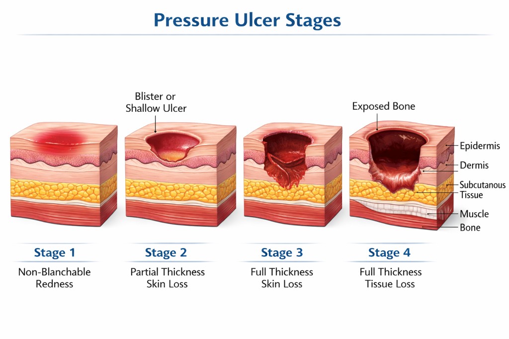 Pressure ulcer stages 1 through 4 — from non-blanchable redness to full thickness tissue loss