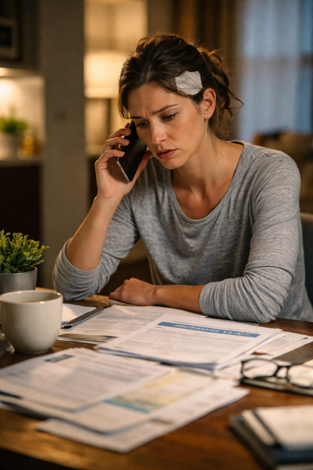 Injured person stressed reviewing bills at home