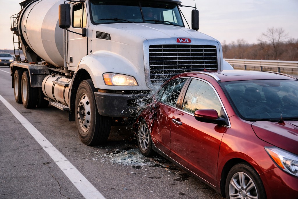 Highway crash: large white commercial truck collided with a red sedan; severe body and glass damage, debris on asphalt, guardrail and roadway visible