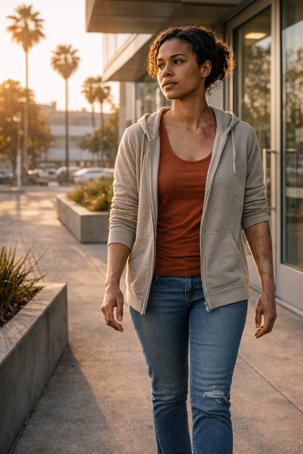 Burn injury survivor walking outdoors in Los Angeles with visible scarring during recovery