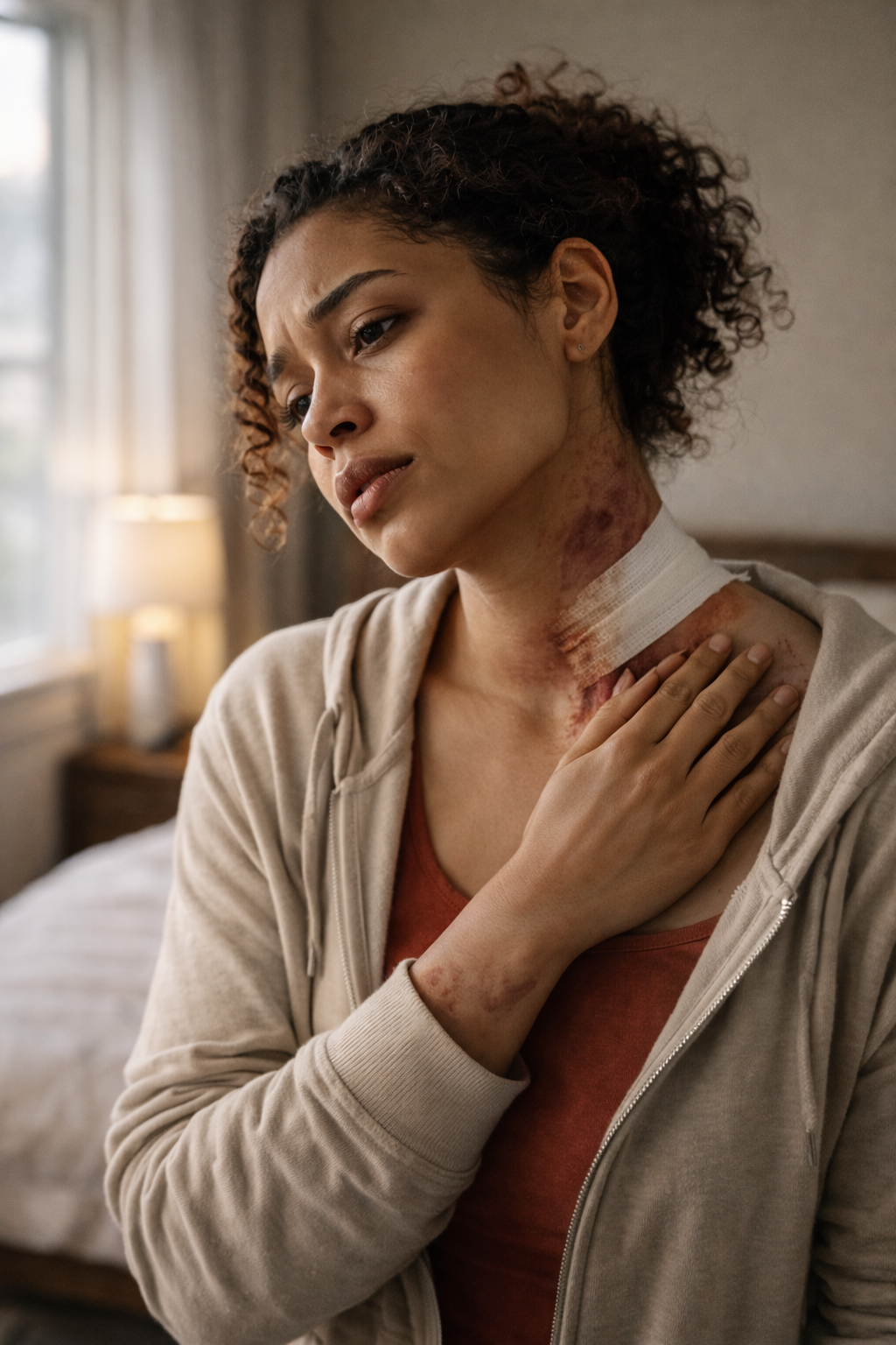 Woman with bandaged neck and serious burn injuries during recovery