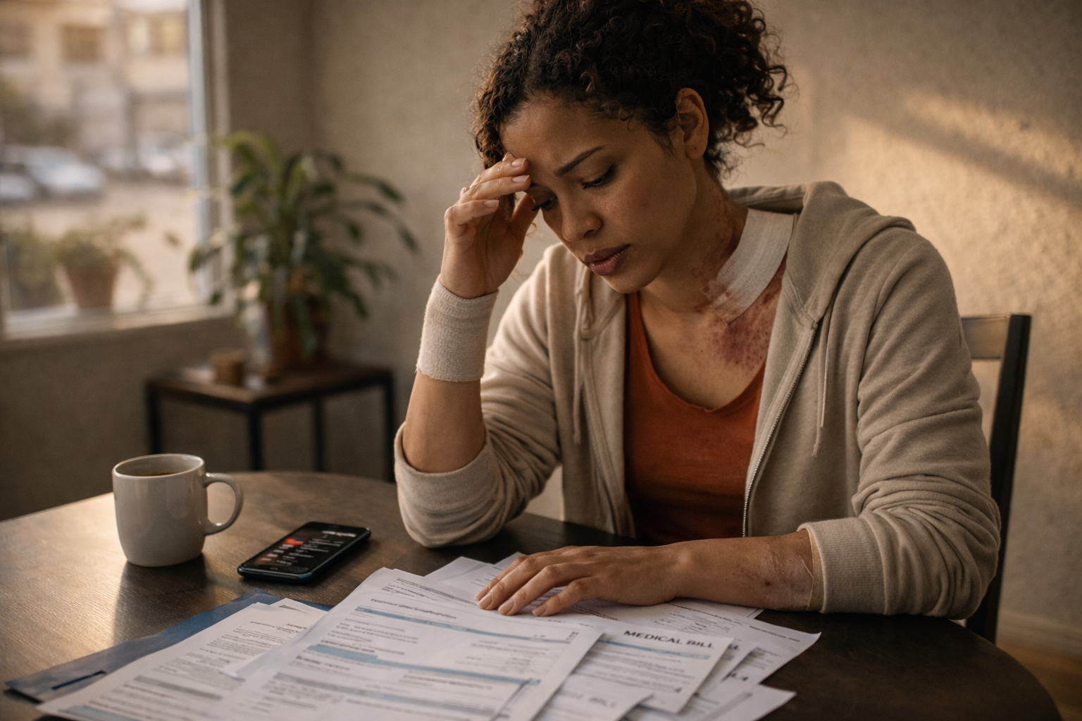 Woman with burn injuries reviewing medical bills and paperwork at a table