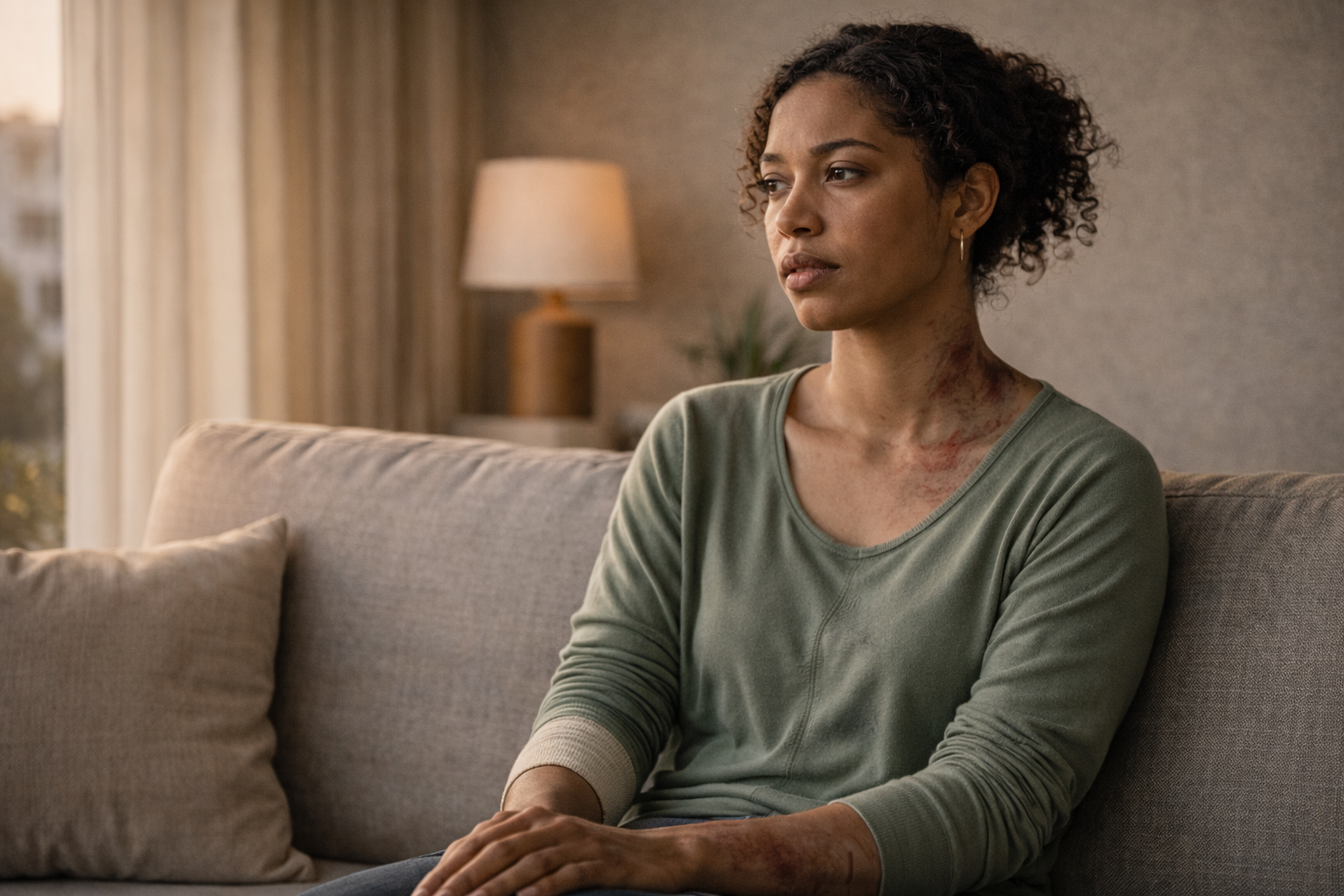 Woman with serious burn injuries on neck and arm, reflecting at home during recovery