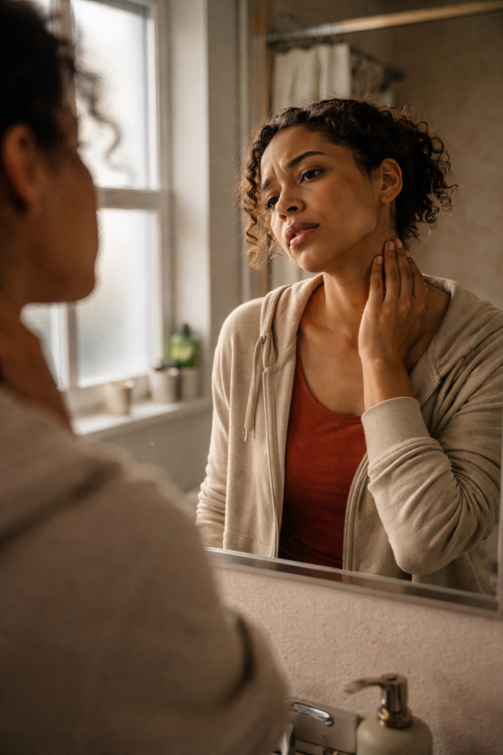 Person touching neck and shoulder in mirror after an accident—pain realization