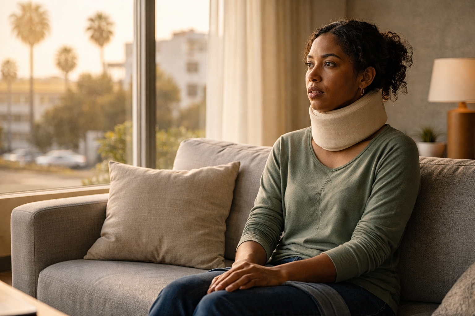 Person in recovery at home, contemplating next steps