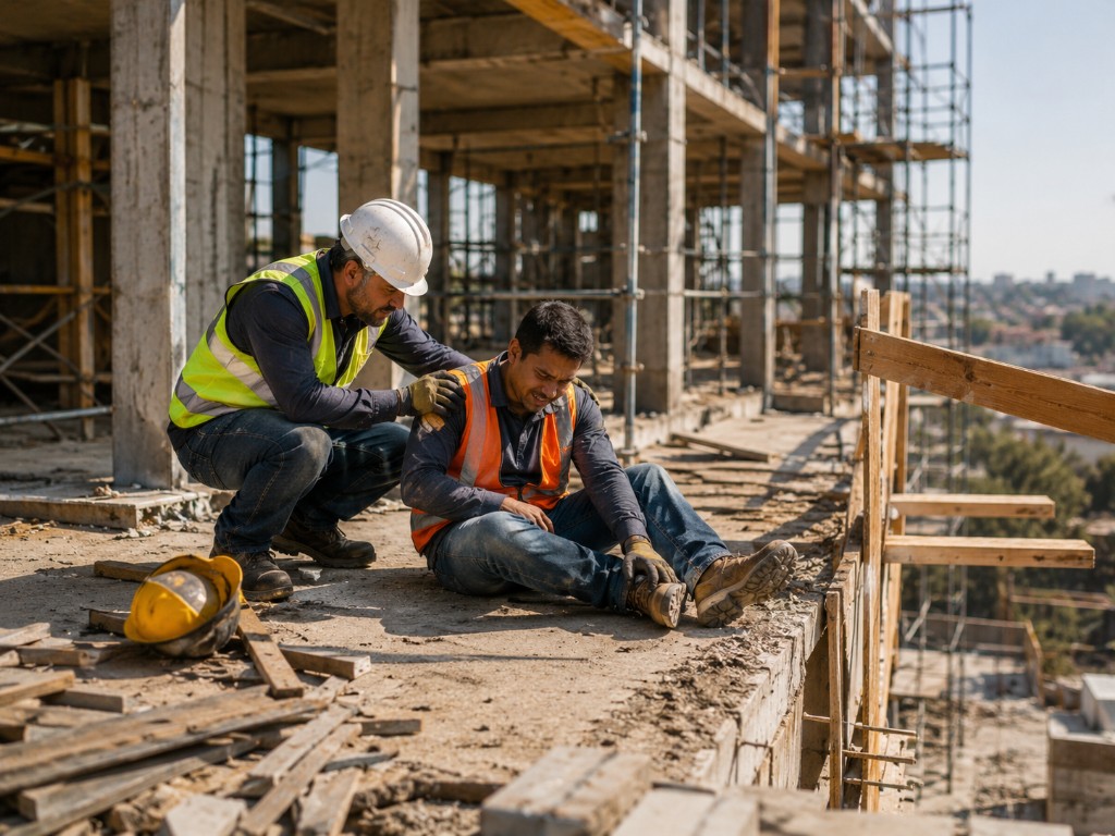 Worker being helped after an unsafe jobsite accident near debris and an open work area