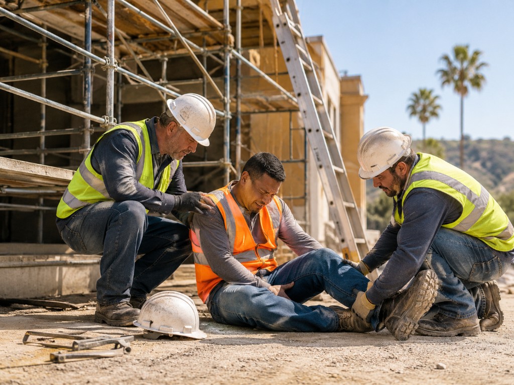 Construction workers assisting an injured worker near scaffolding and a ladder on a jobsite