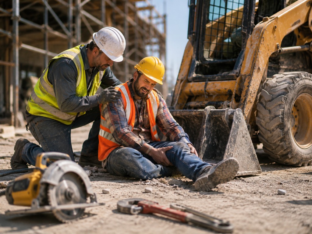Construction worker being helped near tools and heavy machinery on a jobsite