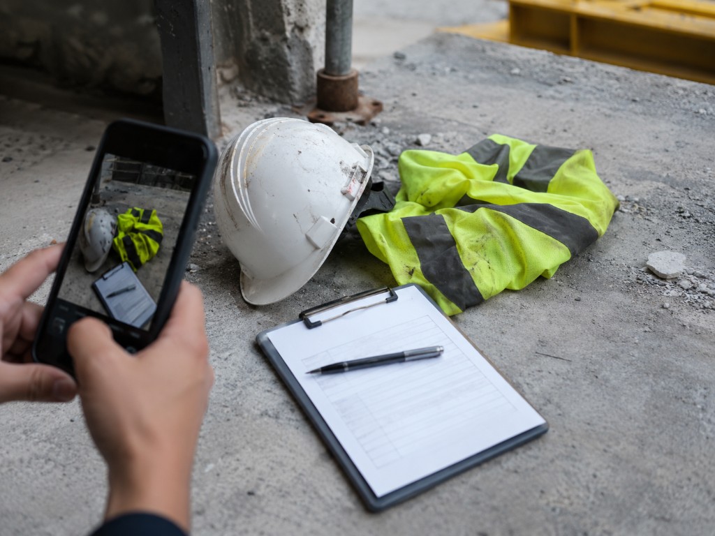 Documenting construction accident evidence including hard hat and safety vest on a jobsite floor