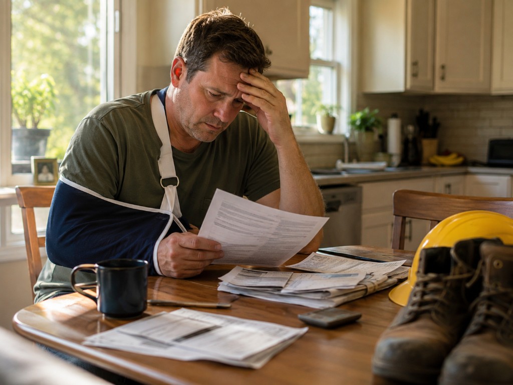 Injured construction worker reviewing medical and household bills at home