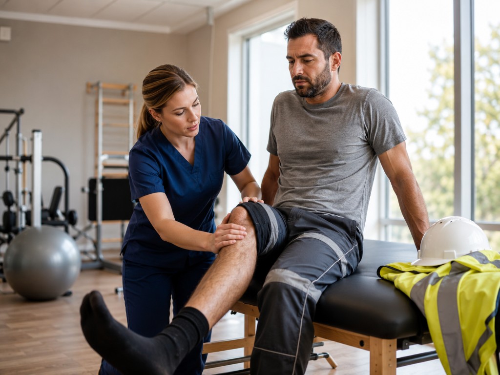 Injured construction worker in physical rehabilitation after a serious jobsite injury
