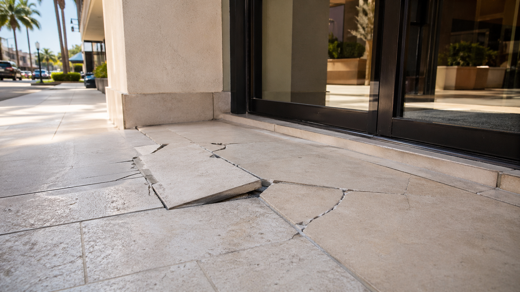 Broken tile near a business entrance