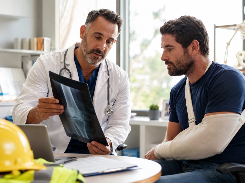 Doctor reviewing imaging with an injured construction worker
