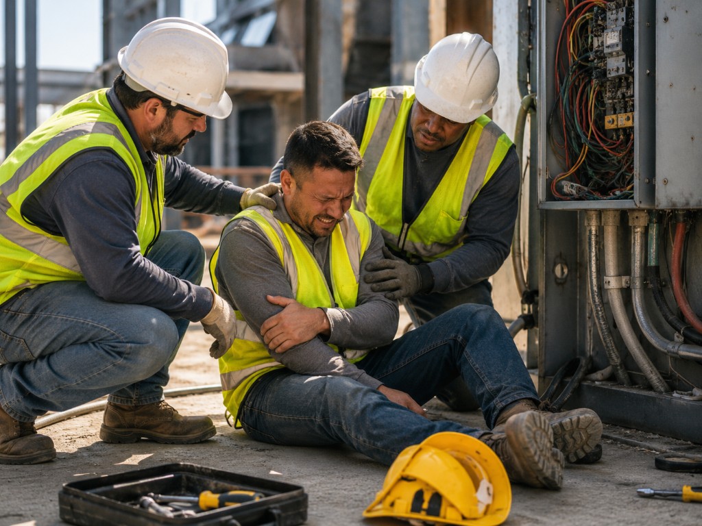 Construction worker being helped near exposed electrical wiring on a jobsite