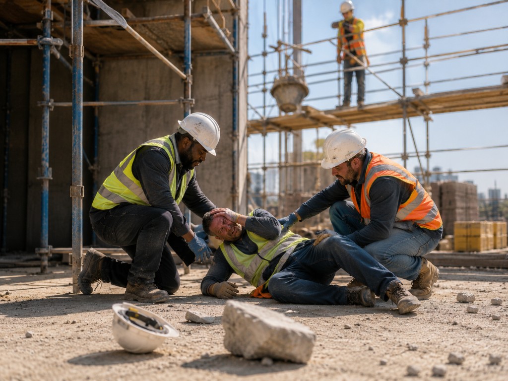 Construction workers assisting an injured coworker after falling debris on a jobsite