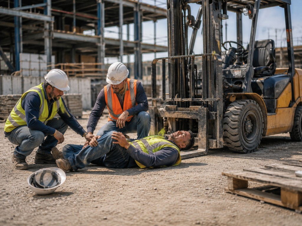 Construction workers assisting an injured worker near a forklift on a jobsite