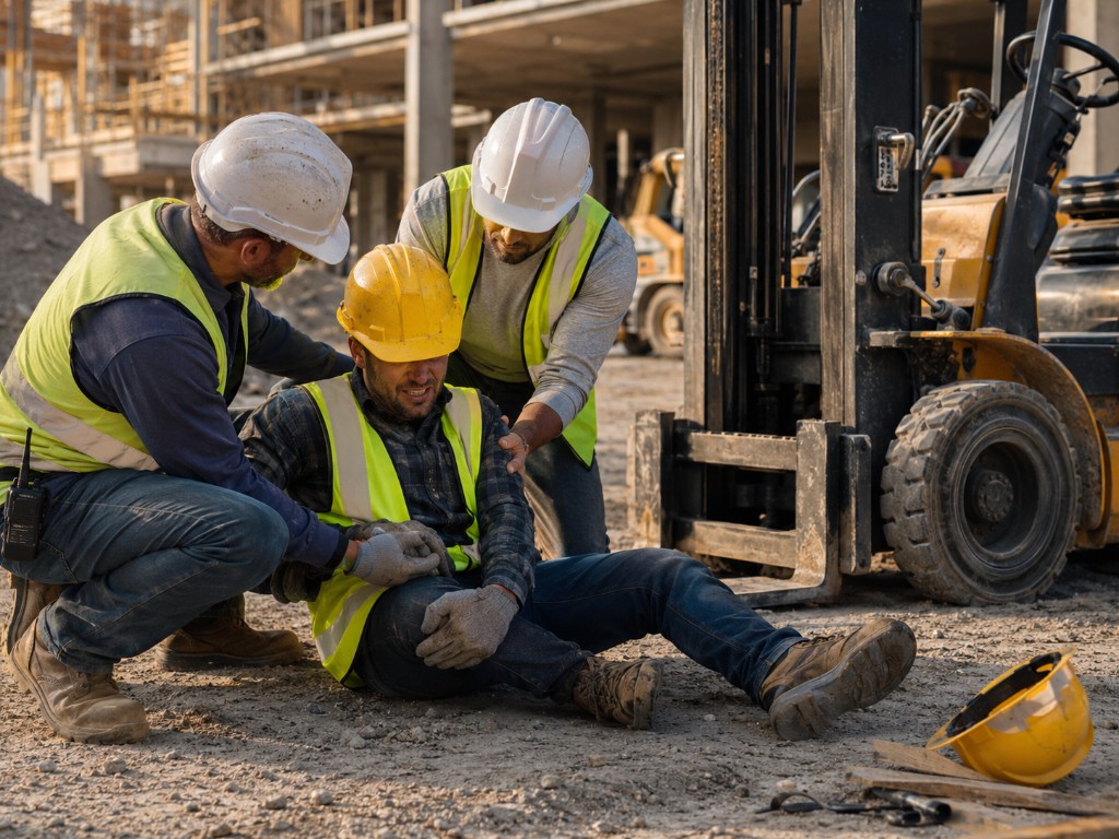 Injured construction worker being helped near heavy equipment