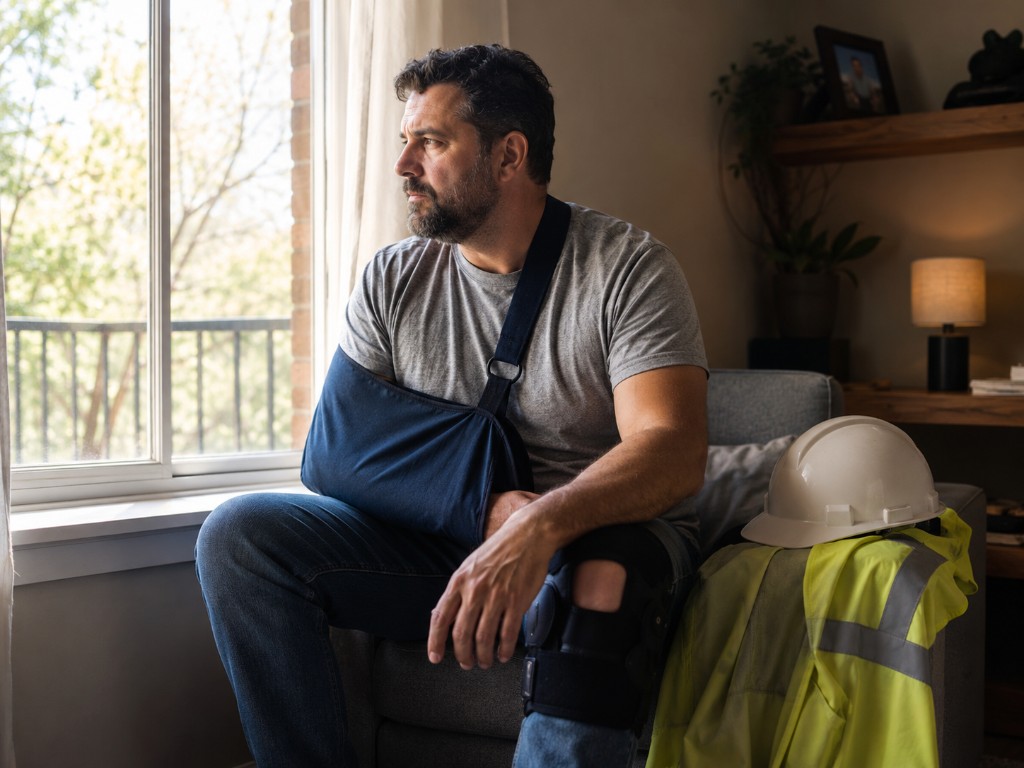 Injured construction worker at home with arm sling and knee brace