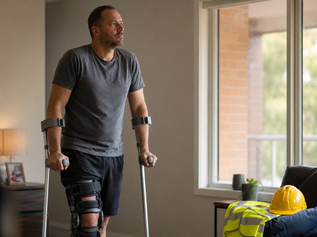 Construction worker on crutches recovering at home after an accident