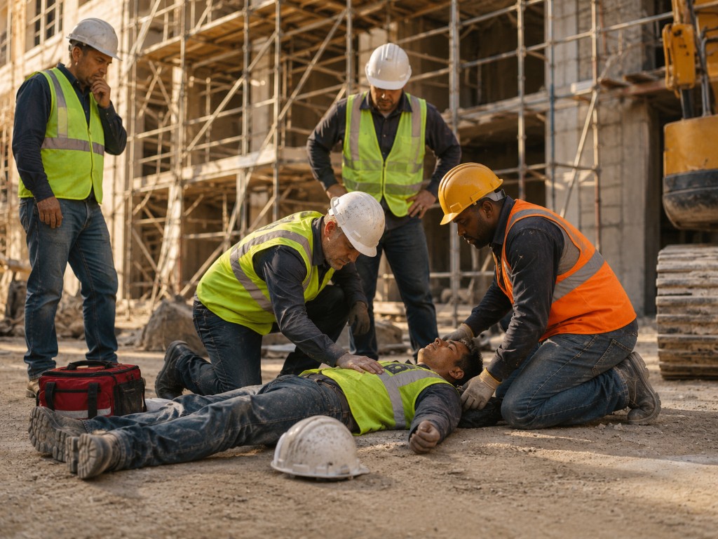 Construction workers responding to a serious jobsite emergency