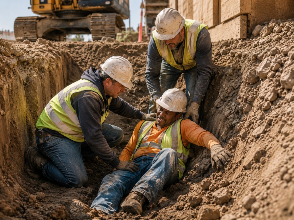 Workers assisting an injured colleague inside a construction trench or excavation