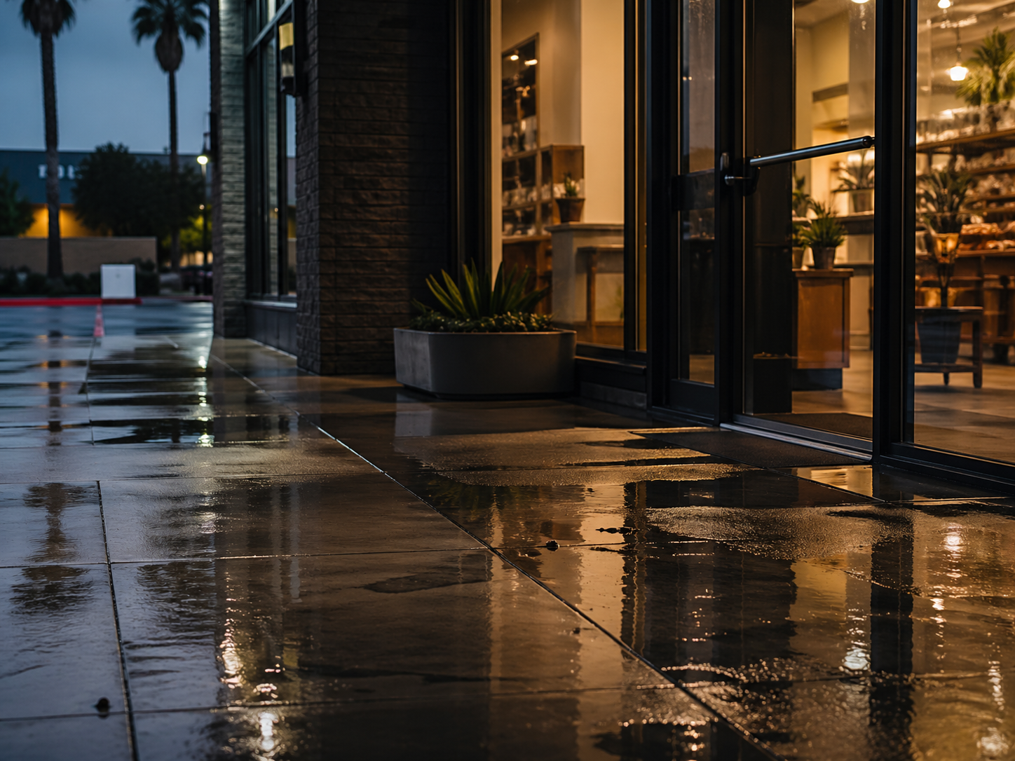 Wet walkway outside a commercial property