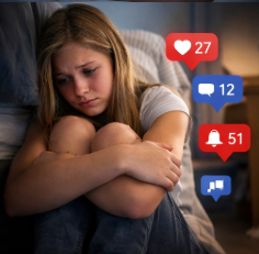 Teen sitting alone, overwhelmed, with social notification graphics nearby