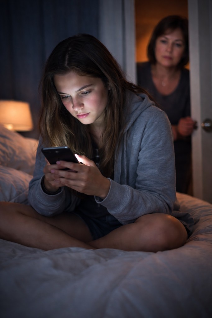 Teen girl on her phone at night while her mother looks on from the doorway