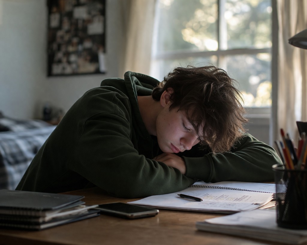 Exhausted teen asleep at a desk